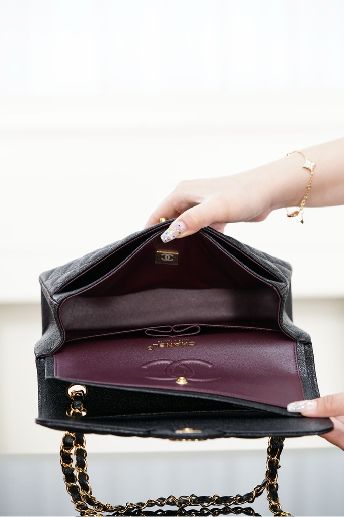 Classic Flap Bag - Genuine Leather Black Gold Small Size