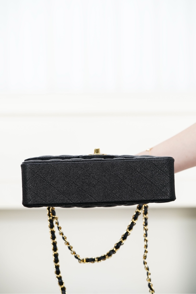 Classic Flap Bag - Genuine Leather Black Gold Small Size