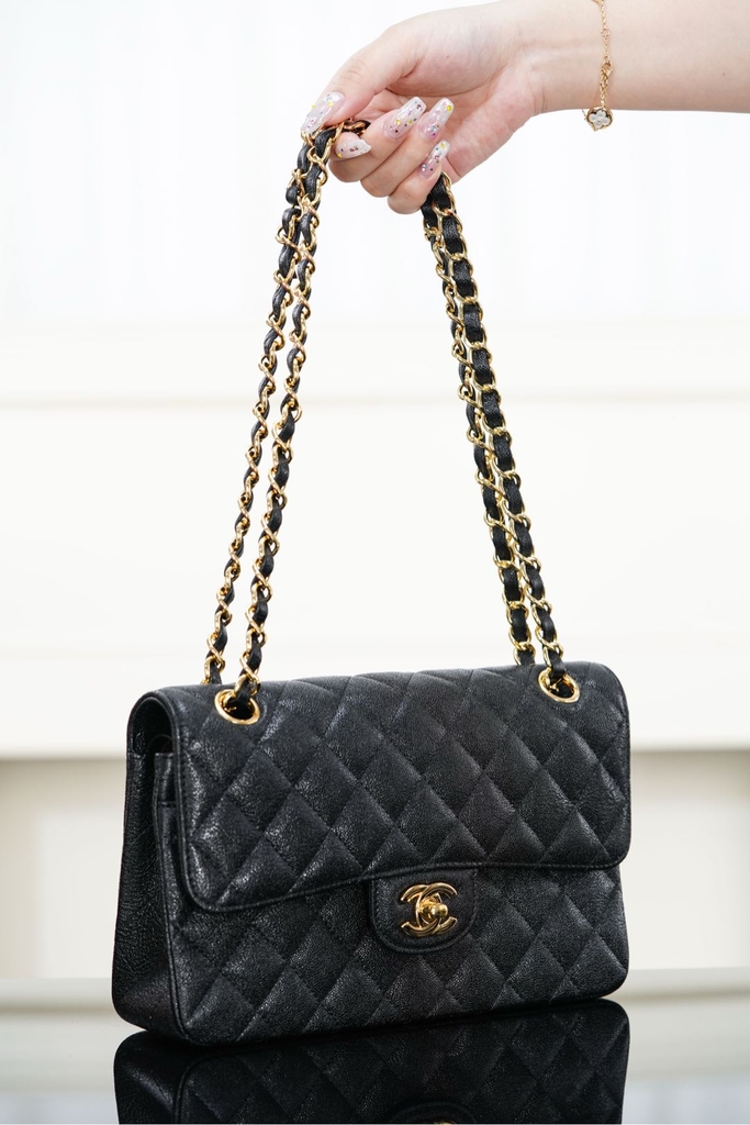 Classic Flap Bag - Genuine Leather Black Gold Small Size