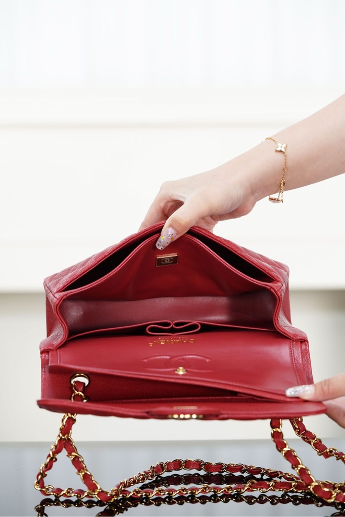 Classic Flap Bag Genuine Cowhide Red Small