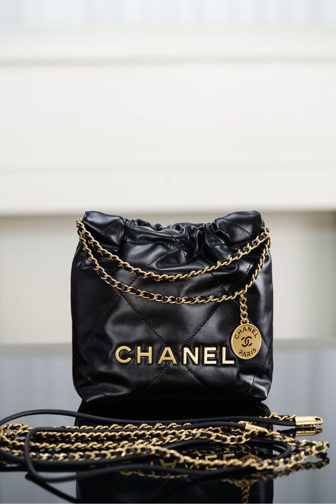 Channel 25A Mini Bag New 22 Original Leather Black Gold