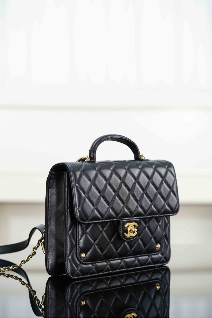 Chanel 25B Autumn Winter Messenger Backpack Black Gold
