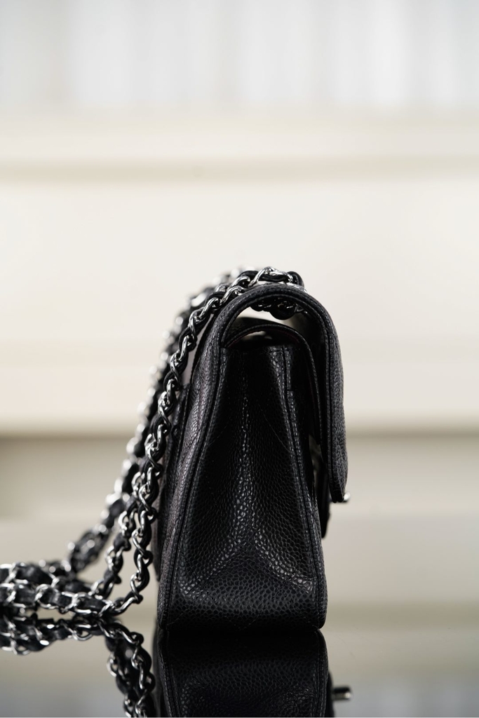 Chanel Classic Flap Bag Authentic Leather Black-Silver Small