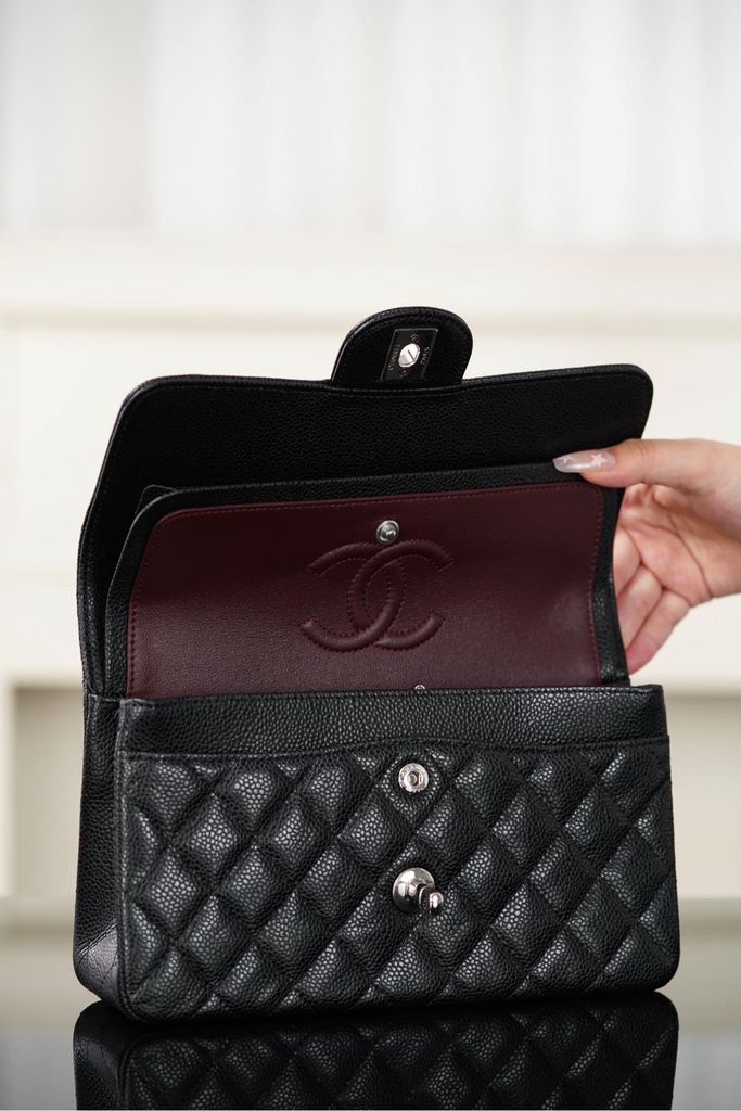 Chanel Classic Flap Bag Authentic Leather Black-Silver Small