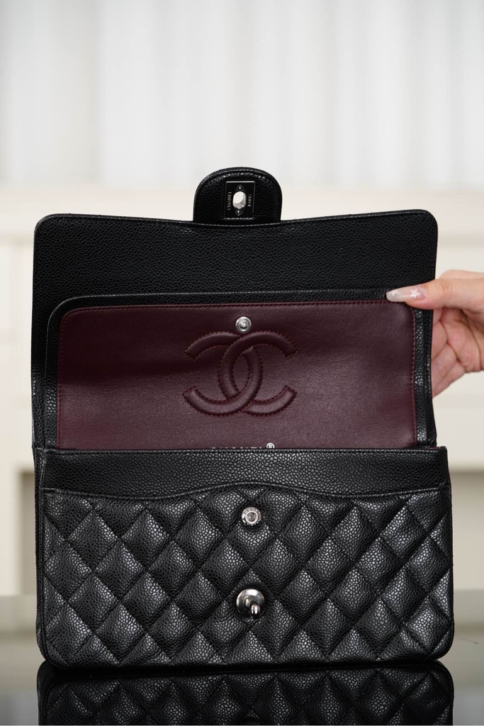 Chanel Classic Flap Bag Genuine Leather Black Silver Medium