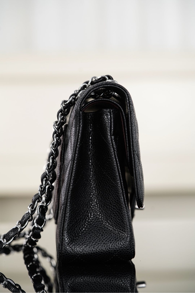 Chanel Classic Flap Bag Genuine Leather Black Silver Medium