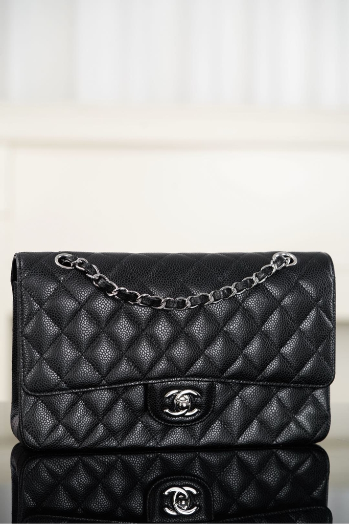 Chanel Classic Flap Bag Genuine Leather Black Silver Medium
