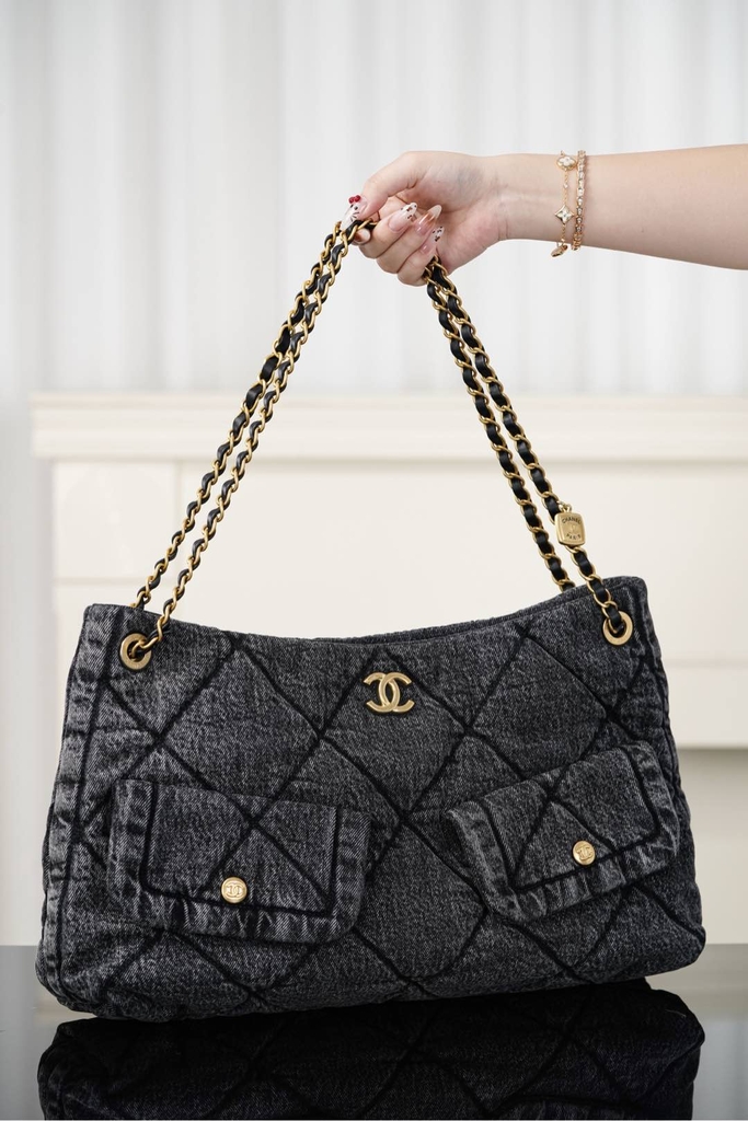 Chanel 25k Hobo Shopping Bag Black Denim