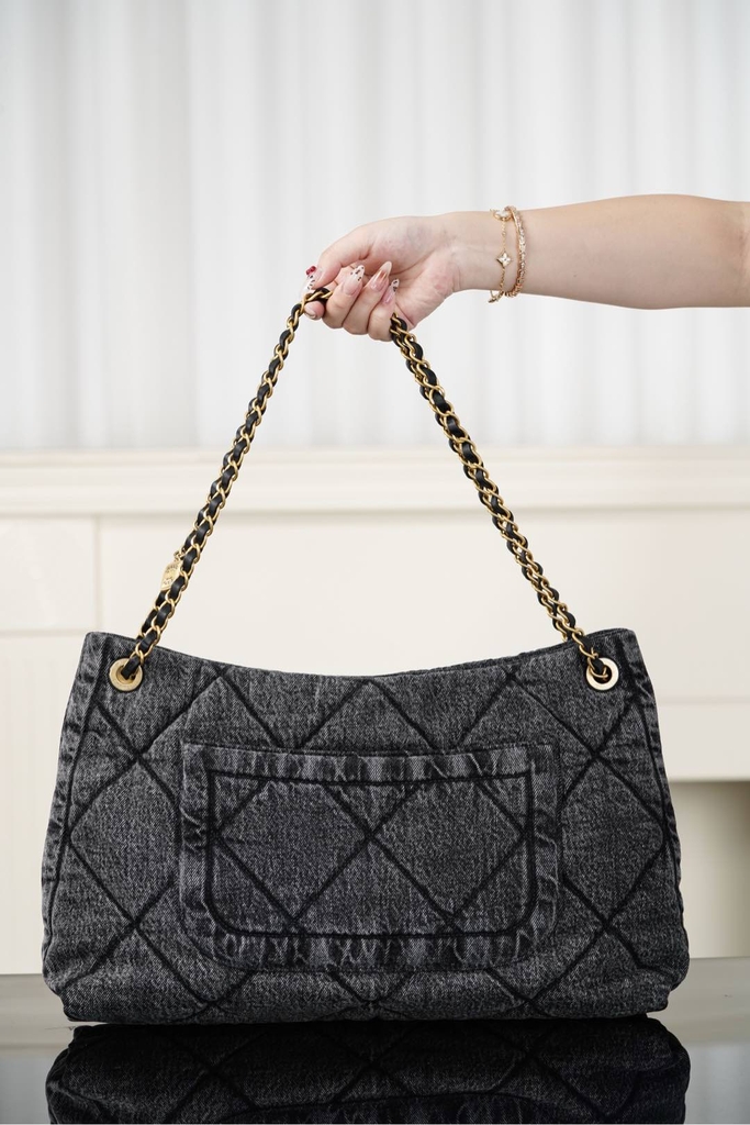 Chanel 25k Hobo Shopping Bag Black Denim