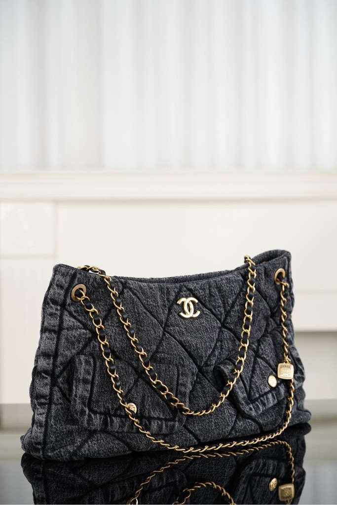 Chanel 25k Hobo Shopping Bag Black Denim
