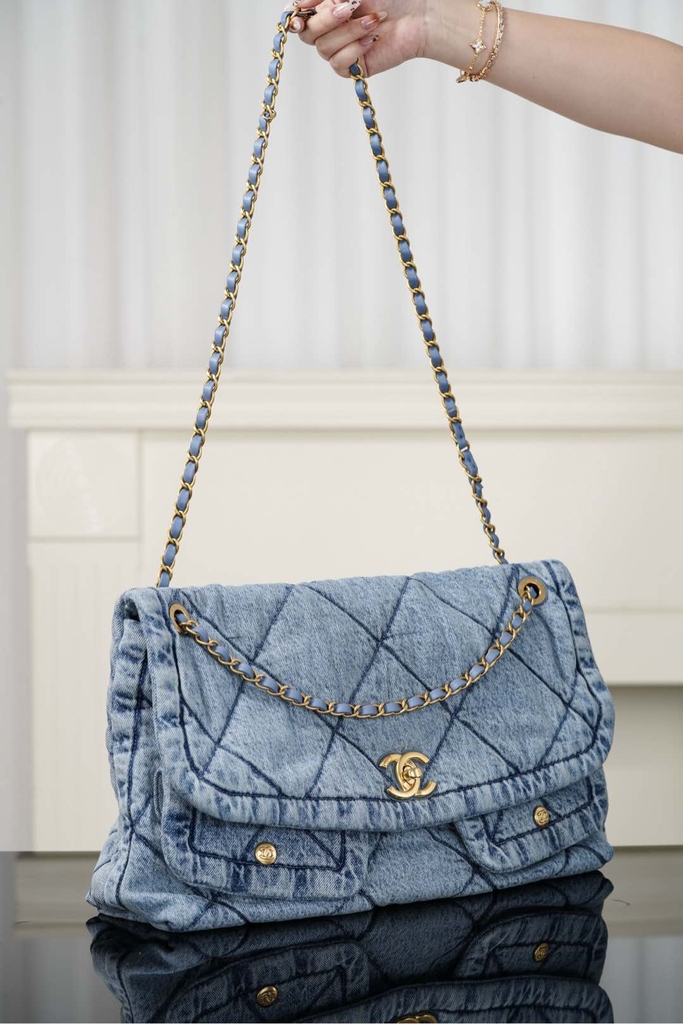 Chanel 25k Hobo Bag with Double Pockets - Light Blue - Large