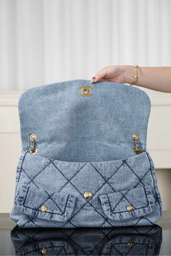 Chanel 25k Hobo Bag with Double Pockets - Light Blue - Large