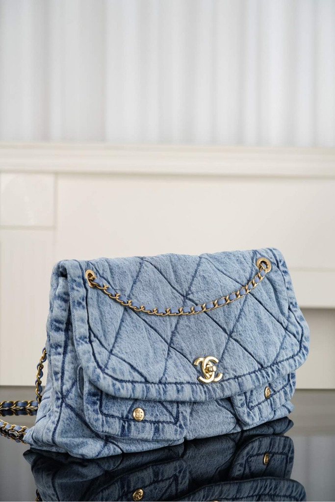 Chanel 25k Hobo Bag with Double Pockets - Light Blue - Large