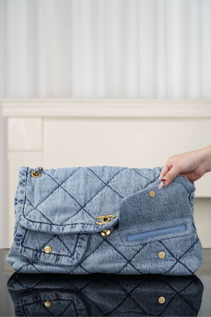 Chanel 25k Hobo Bag with Double Pockets - Light Blue - Large