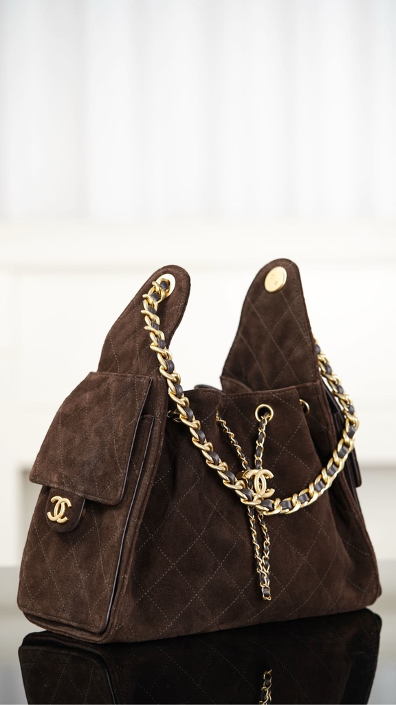 Chanel 25k Brown Suede Drawstring Bucket Bag
