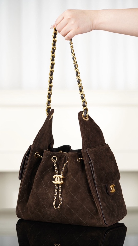 Chanel 25k Brown Suede Drawstring Bucket Bag