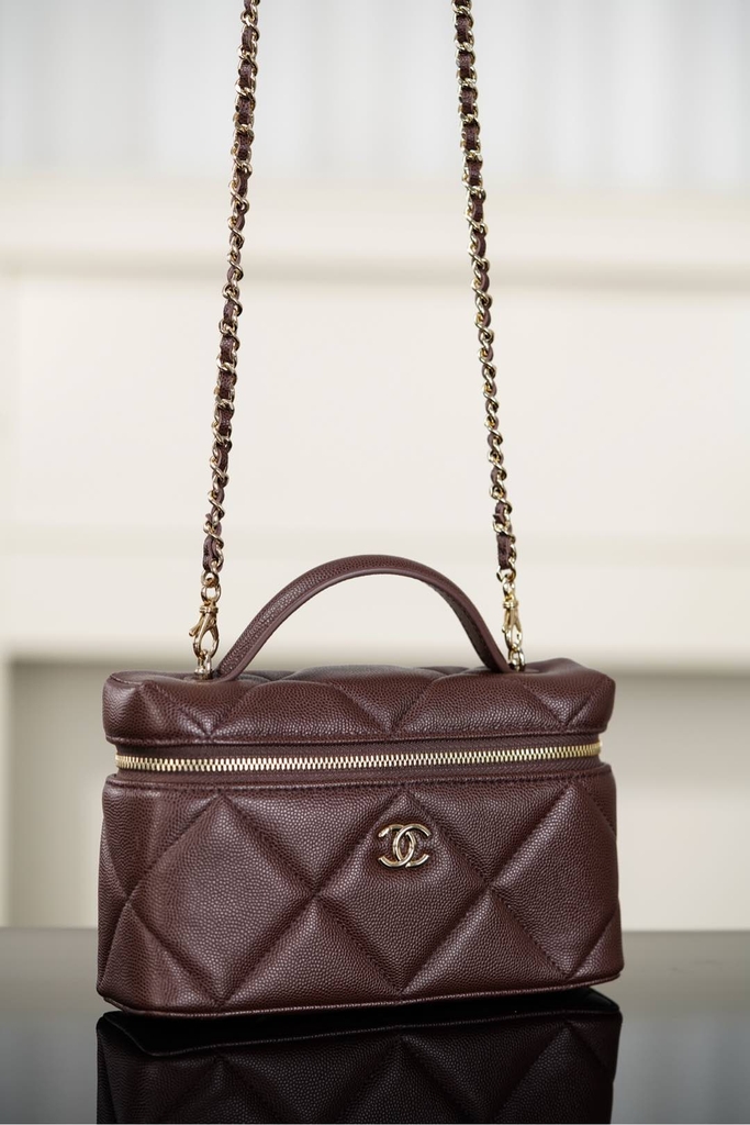 Chanel 25K Diamond Pattern Leather Box Bag Chocolate Brown