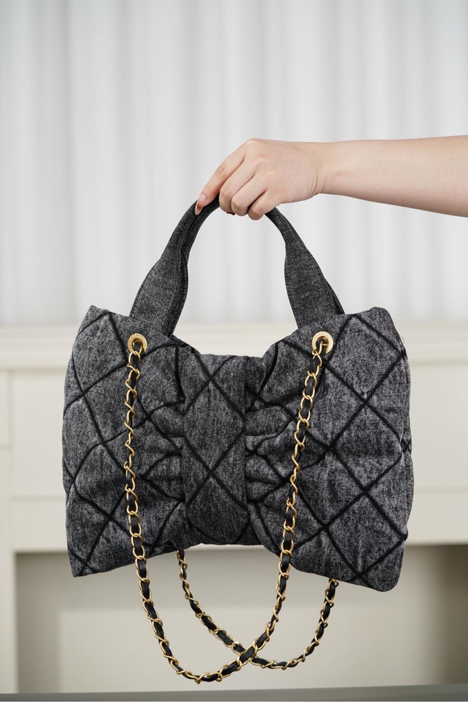 Chanel 25K Butterfly Bow Handbag - Black Denim Medium Size