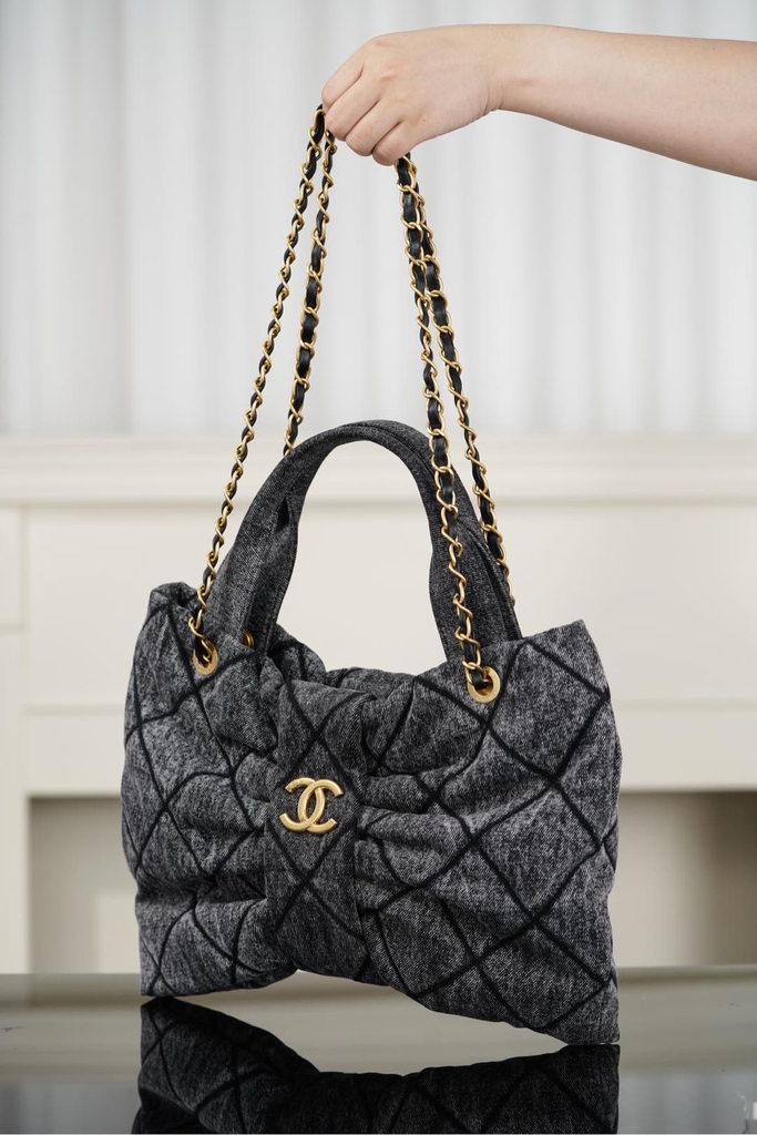 Chanel 25K Butterfly Bow Handbag - Black Denim Medium Size