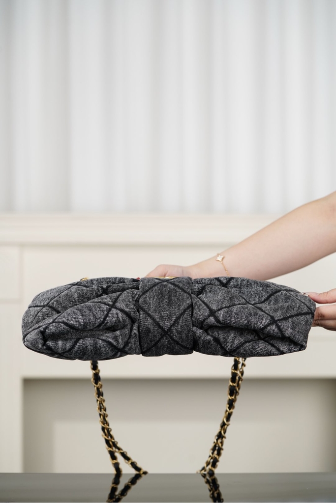 Chanel 25K Butterfly Bow Handbag - Black Denim Medium Size