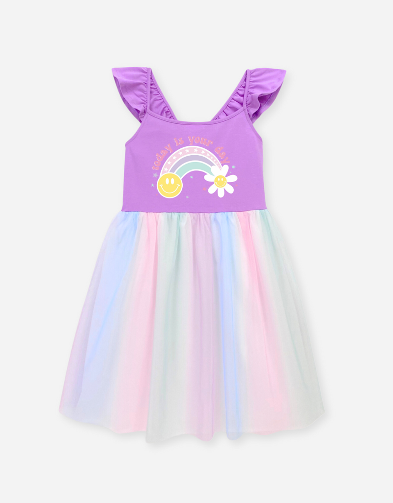 Váy bé gái tay bèo hoạ tiết cầu vồng