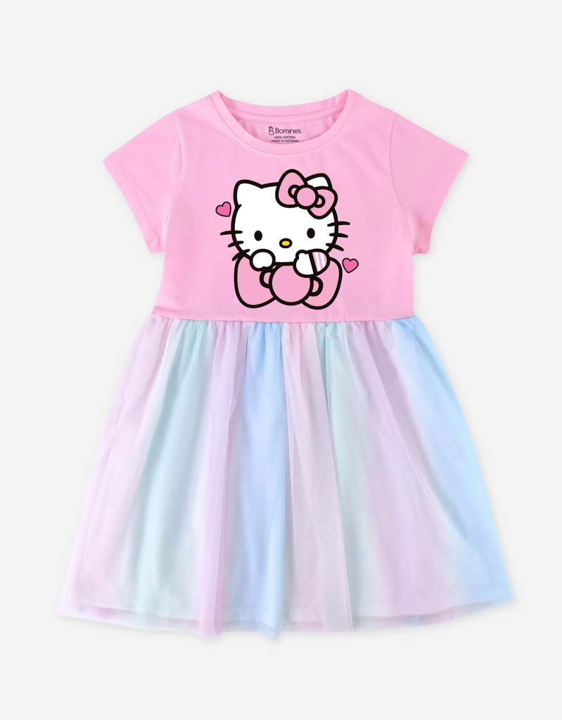 Váy bé gái phối lưới Hello Kitty Bomines