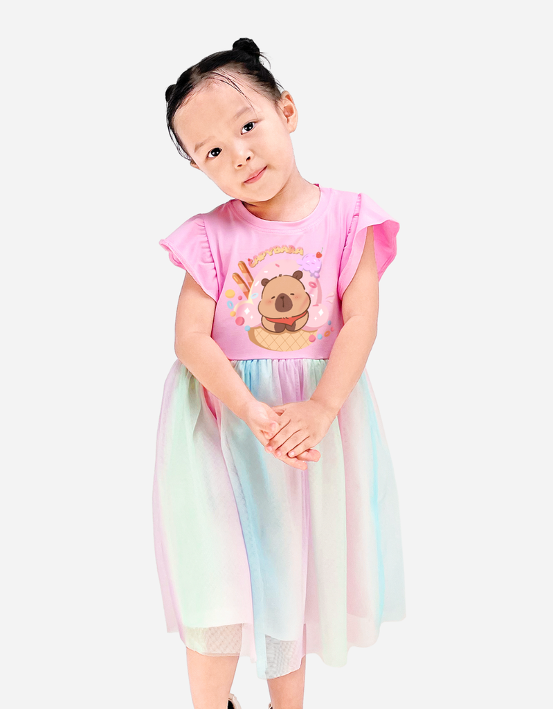 Váy bé gái Capybara Bomines, Đầm phối lưới cầu vồng ngọt ngào