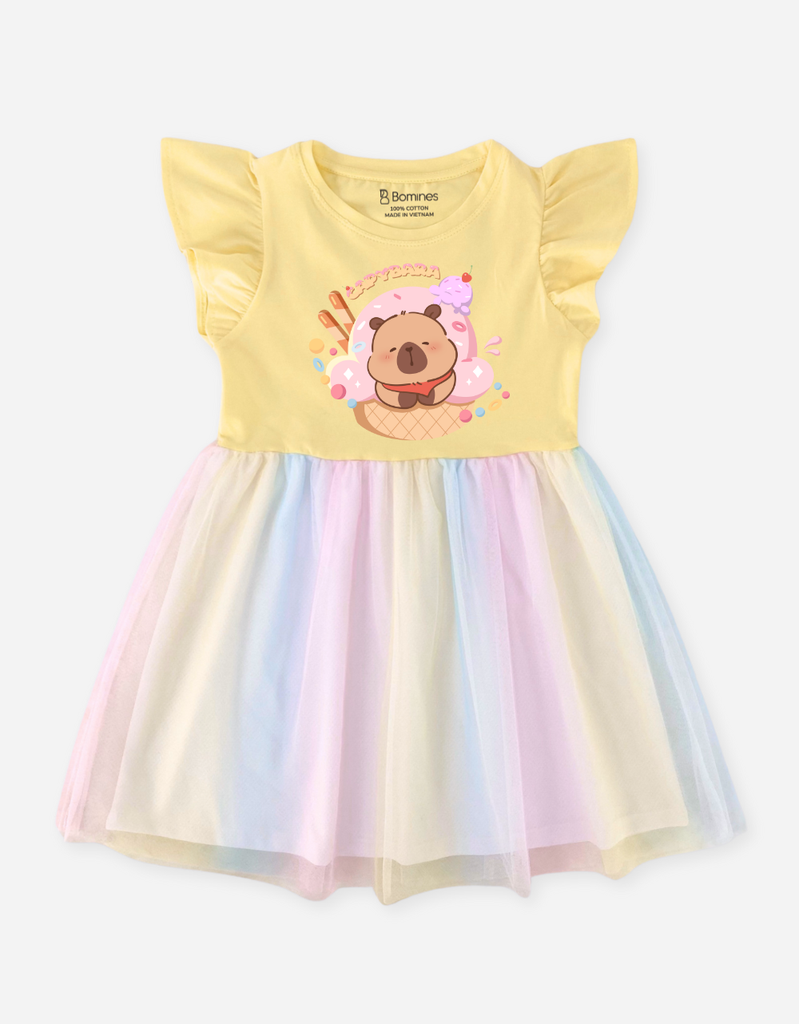 Váy bé gái Capybara Bomines, Đầm phối lưới cầu vồng ngọt ngào