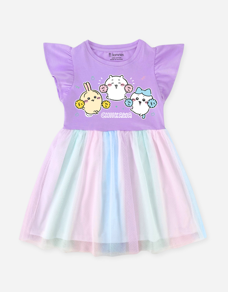 Váy bé gái Chiikawa Bomines, Đầm phối lưới cầu vồng
