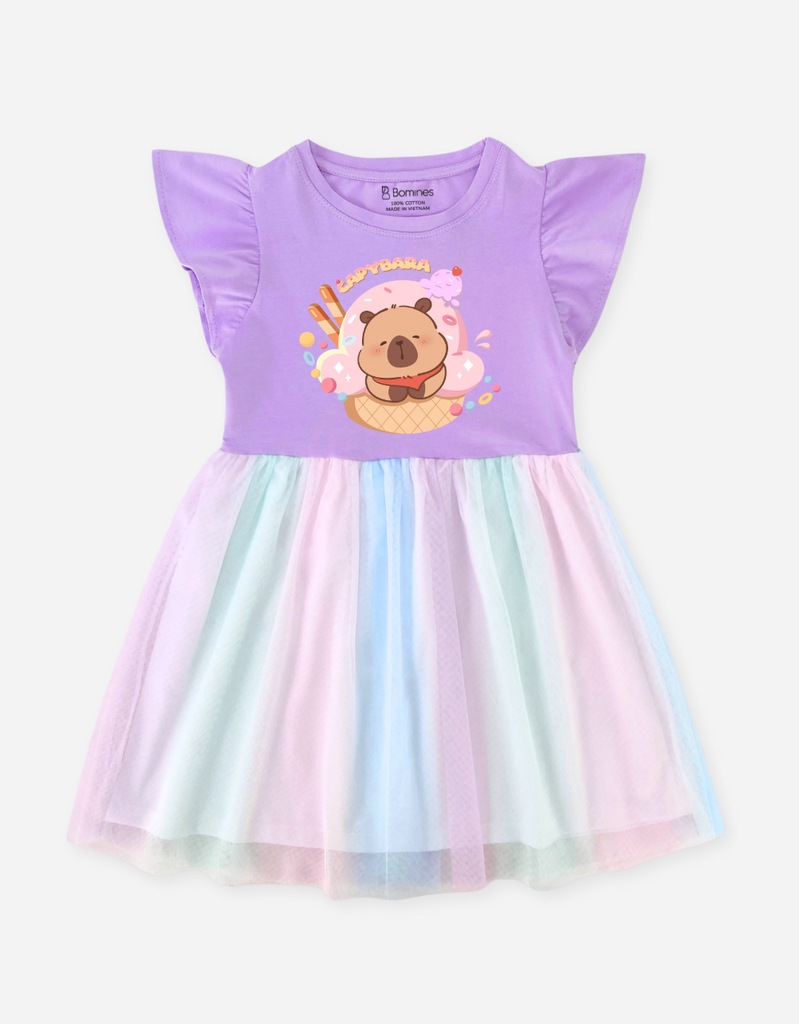 Váy bé gái Capybara Bomines, Đầm phối lưới cầu vồng ngọt ngào