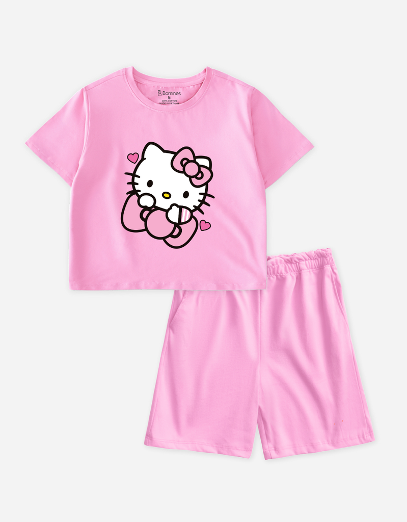 Đồ bộ short Kuromi Hello Kitty Bomines thun cotton 2 chiều