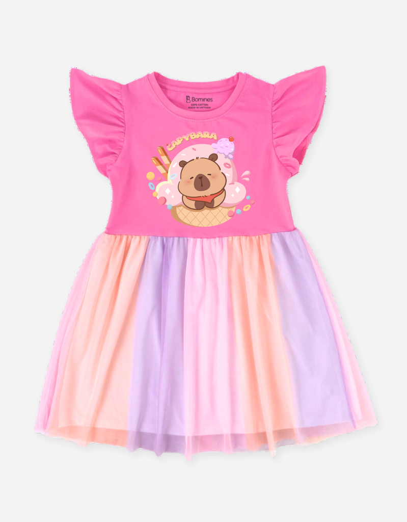Váy bé gái Capybara Bomines, Đầm phối lưới cầu vồng ngọt ngào