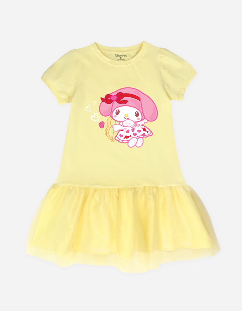 Váy Tết bé gái hoạt hình My Melody Bomines, Đầm phối lưới tay phồng cho bé gái từ 3-12t 12-36kg DTPMELCUNG