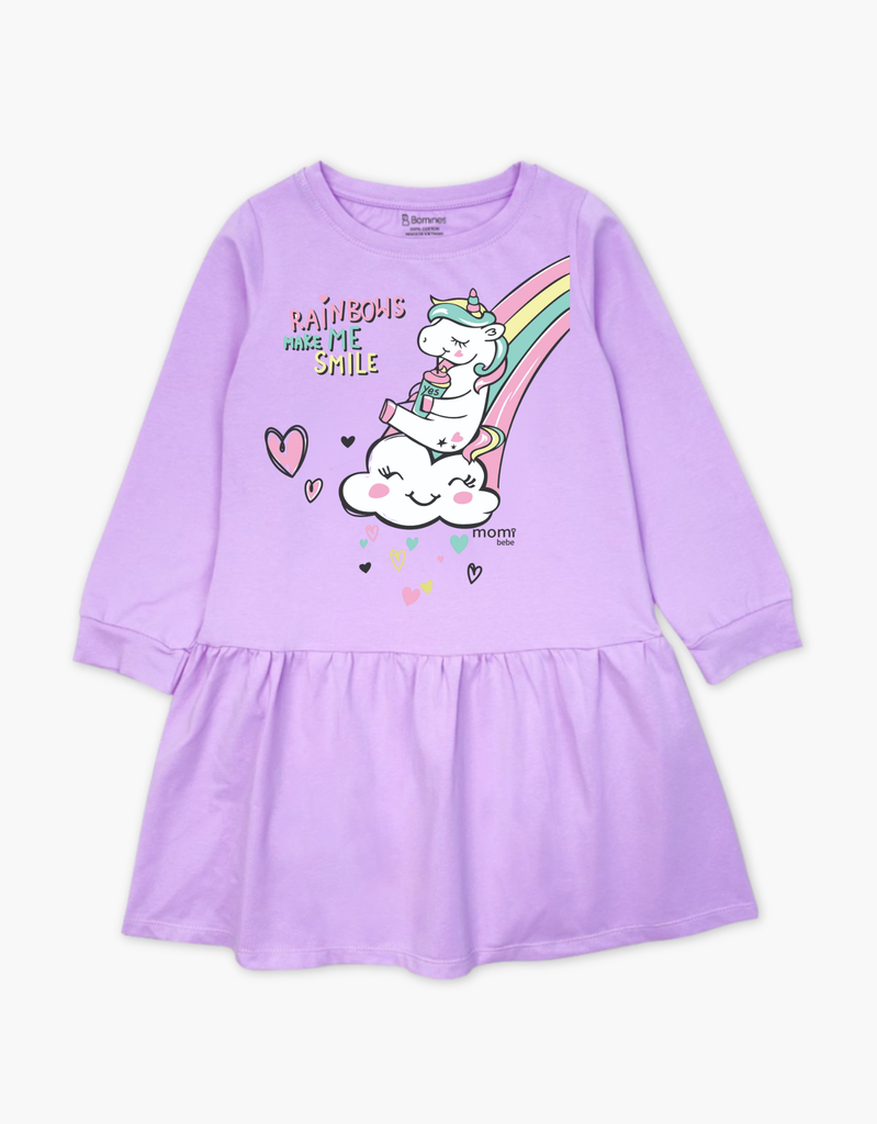 Váy bé gái mùa thu tay dài Kỳ Lân Unicorn Cầu vồng