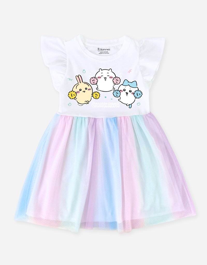 Váy bé gái Chiikawa Bomines, Đầm phối lưới cầu vồng