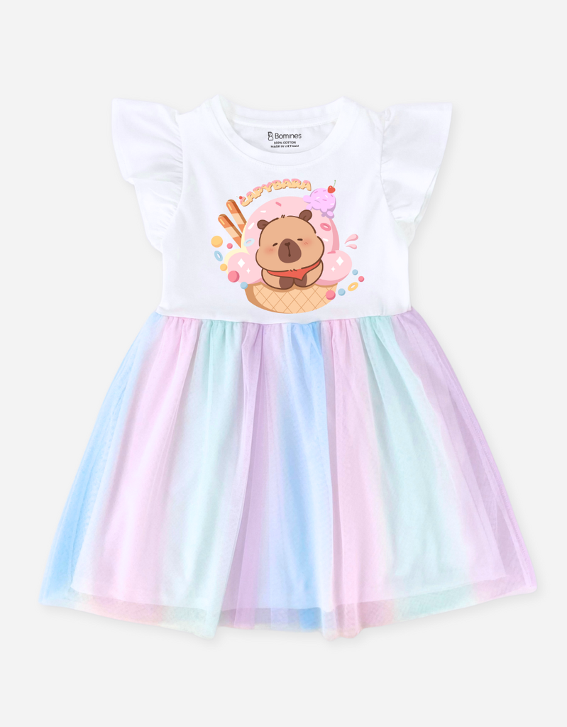 Váy bé gái Capybara Bomines, Đầm phối lưới cầu vồng ngọt ngào