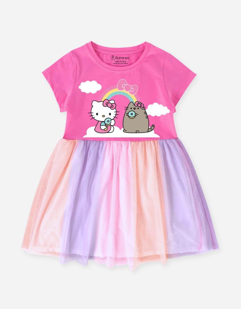 Váy bé gái phối lưới cầu vồng Hello Kitty & Mèo Pusheen