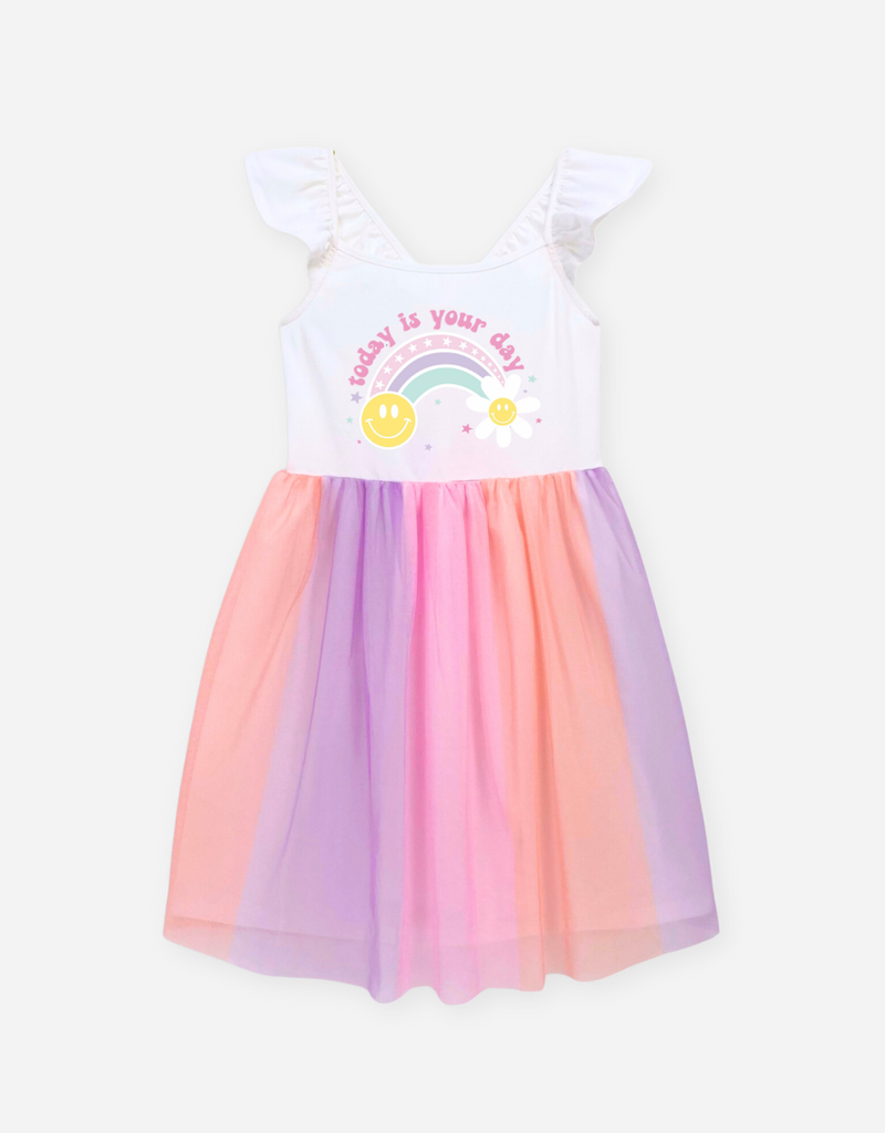 Váy bé gái tay bèo hoạ tiết cầu vồng