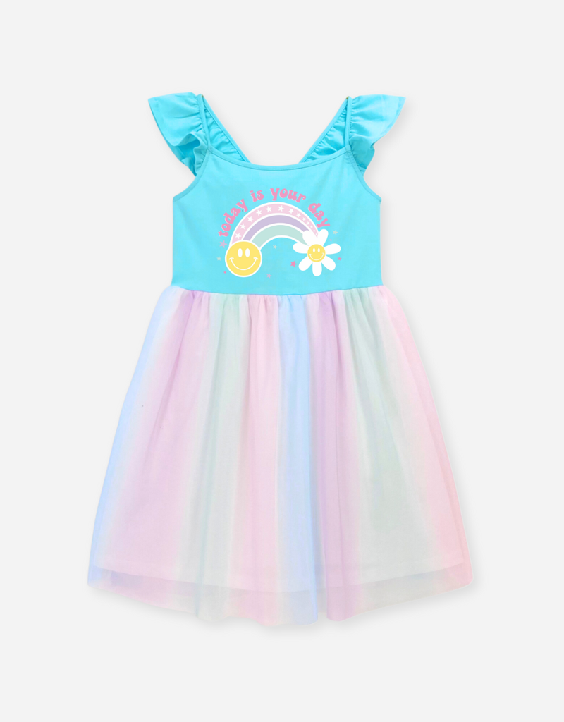 Váy bé gái tay bèo hoạ tiết cầu vồng