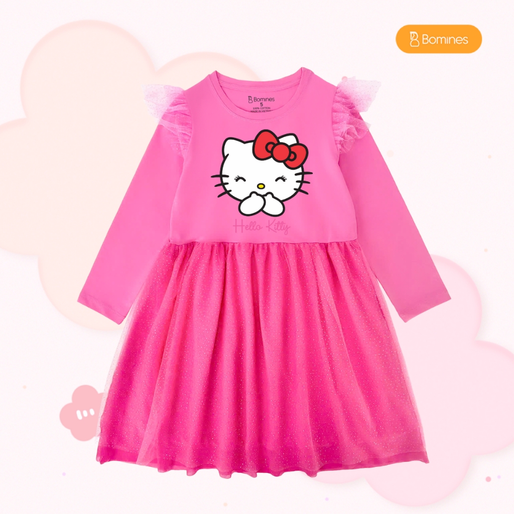 Váy bé gái tay dài Hello Kitty phối lưới