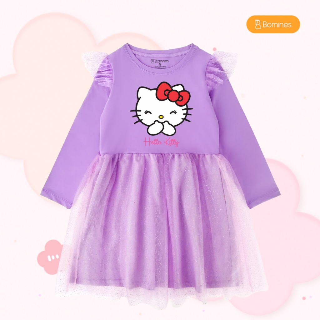 Váy bé gái tay dài Hello Kitty phối lưới