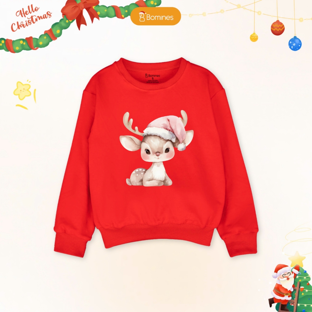 Áo bé trai bé gái Noel Bomines, Áo nỉ da cá cotton cho bé 3 -12t, 14-40kg ATDXM