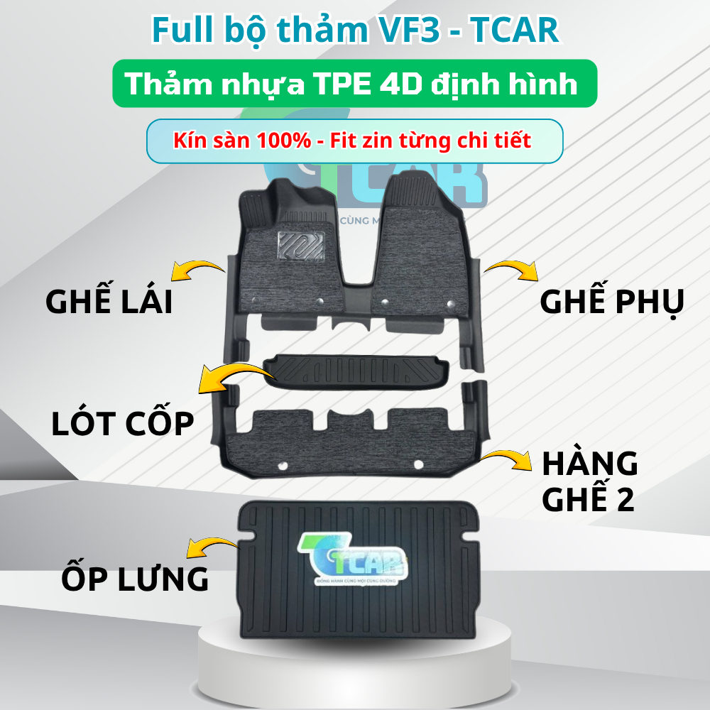 Thảm Lót Sàn Ô Tô VinFast VF3 nhựa đúc TPE Cao cấp, Không Mùi, An Toàn, Tràn Viền bậc cửa, nhãn hiệu TCAR