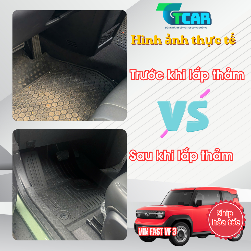 Thảm Lót Sàn Ô Tô VinFast VF3 nhựa đúc TPE Cao cấp, Không Mùi, An Toàn, Tràn Viền bậc cửa, nhãn hiệu TCAR