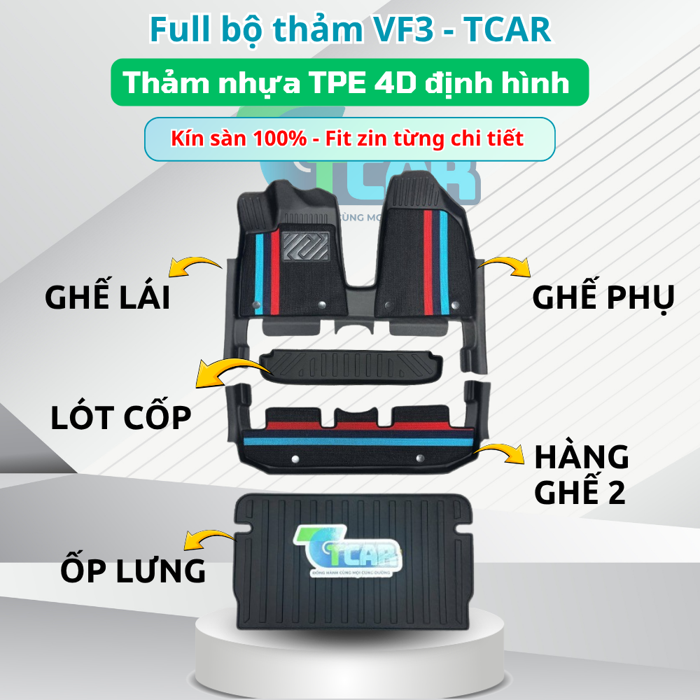 Thảm Lót Sàn Ô Tô VinFast VF3 nhựa đúc TPE Cao cấp, Không Mùi, An Toàn, Tràn Viền bậc cửa, nhãn hiệu TCAR