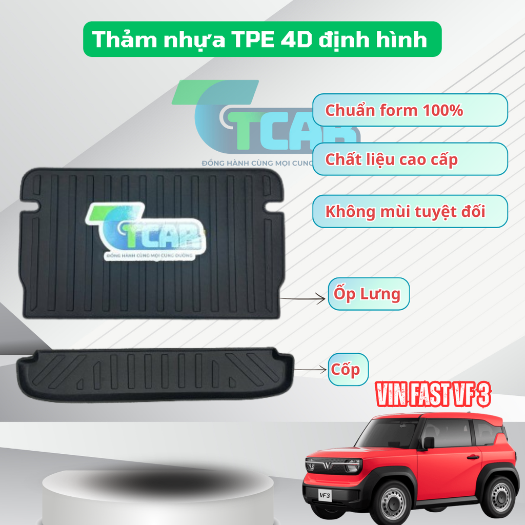 Thảm Lót Sàn Ô Tô VinFast VF3 nhựa đúc TPE Cao cấp, Không Mùi, An Toàn, Tràn Viền bậc cửa, nhãn hiệu TCAR