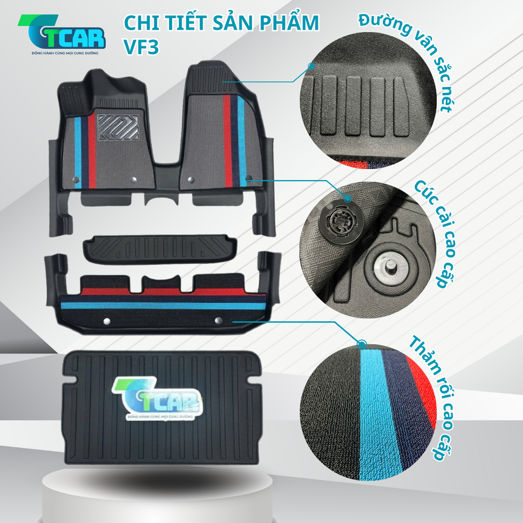 Thảm Lót Sàn Ô Tô VinFast VF3 nhựa đúc TPE Cao cấp, Không Mùi, An Toàn, Tràn Viền bậc cửa, nhãn hiệu TCAR