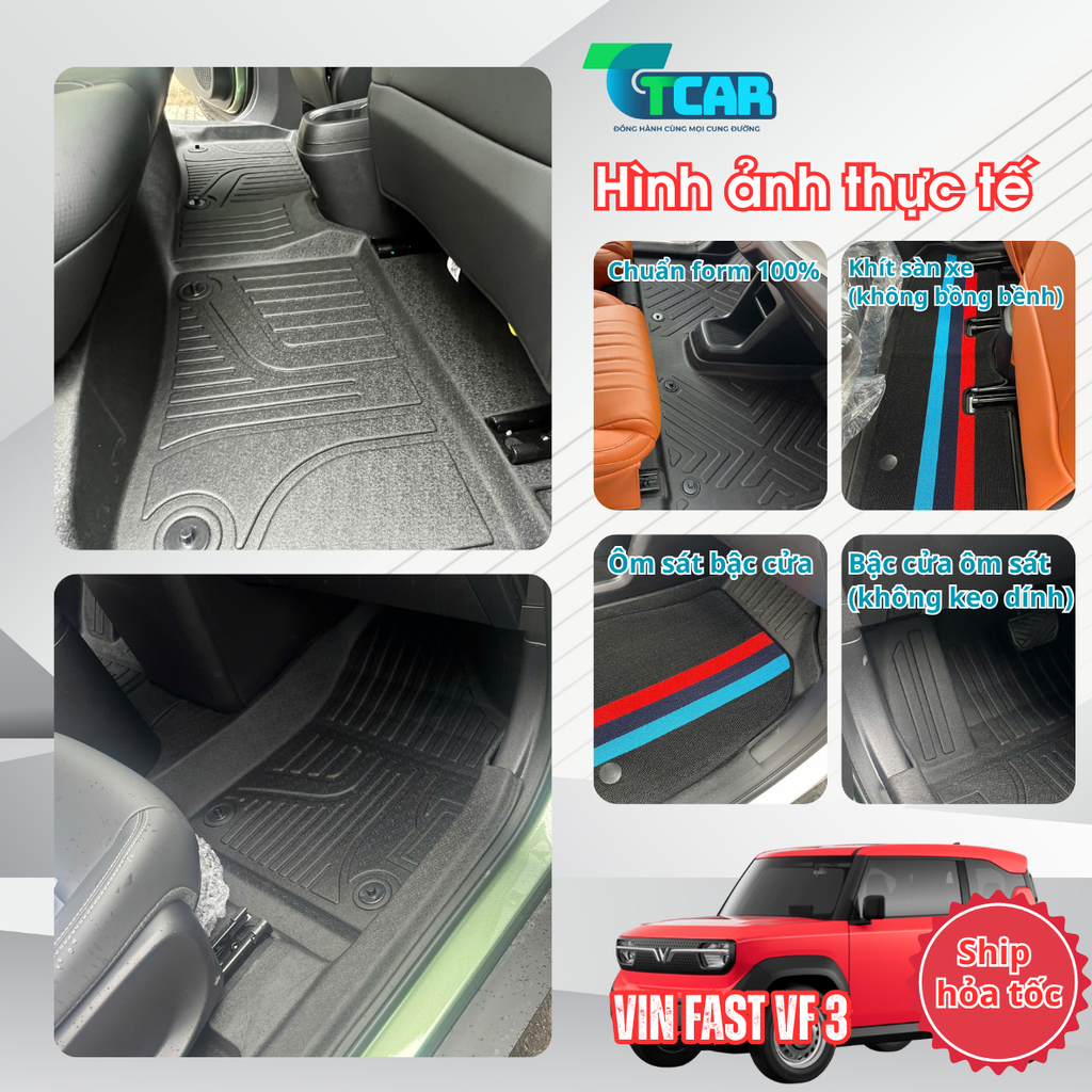 Thảm Lót Sàn Ô Tô VinFast VF3 nhựa đúc TPE Cao cấp, Không Mùi, An Toàn, Tràn Viền bậc cửa, nhãn hiệu TCAR