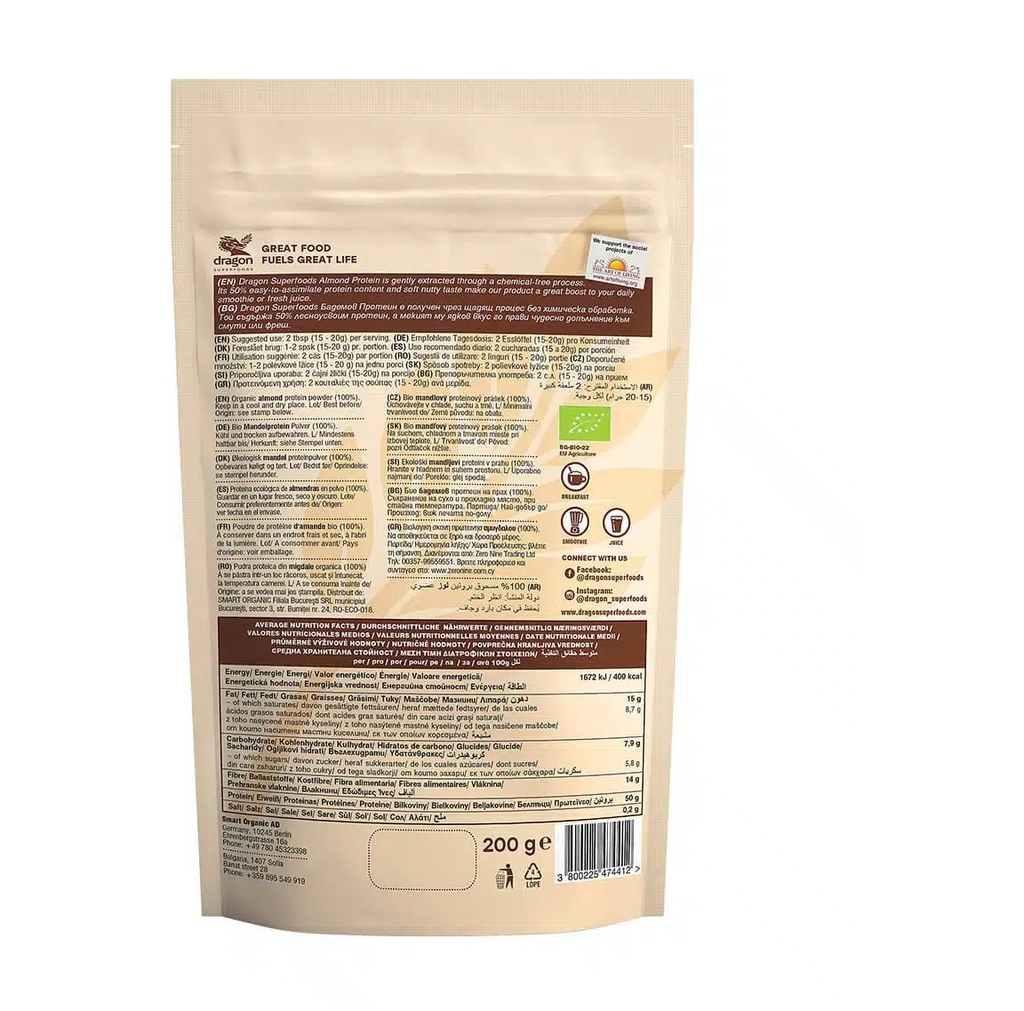 Protein hạt hạnh nhân hữu cơ 200gr 50% Dragon Superfoods