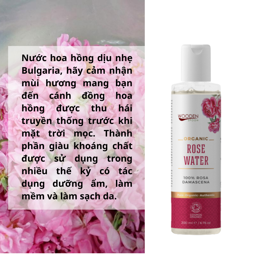 Nước hoa hồng Damascena hữu cơ Wooden Spoon 200ml